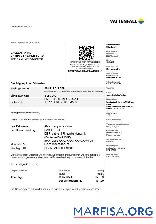Printable Germany VATTENFALL business utility bill template in Word and PDF formats